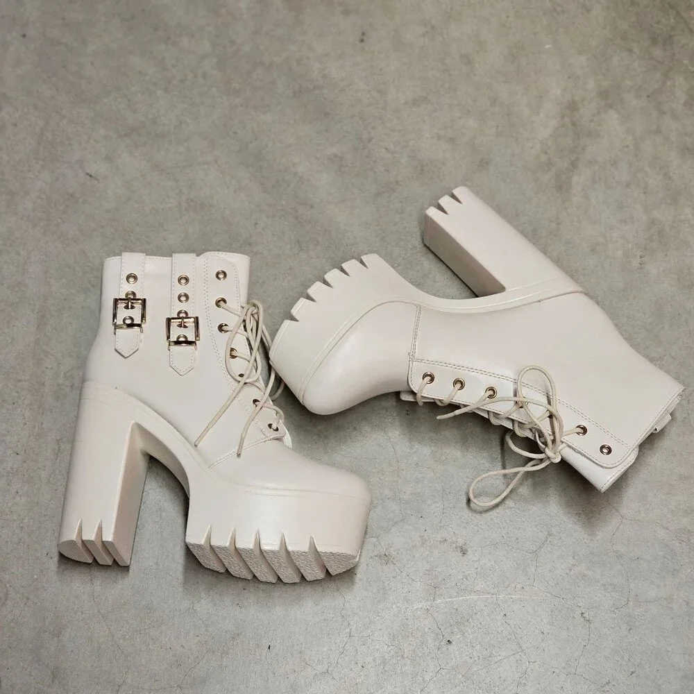 Lace-Up Platform Chunky Heel Ankle Boots With Dual Buckle Detail In Off White - Picture 6 of 7